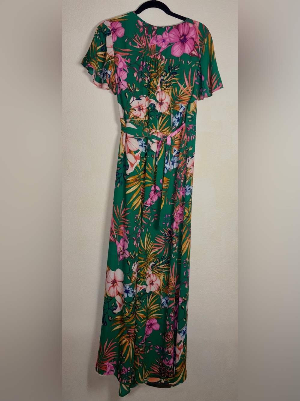 New York & Company Green Floral Wrap Maxi Dress with Pink Accents - Picture 6 of 7